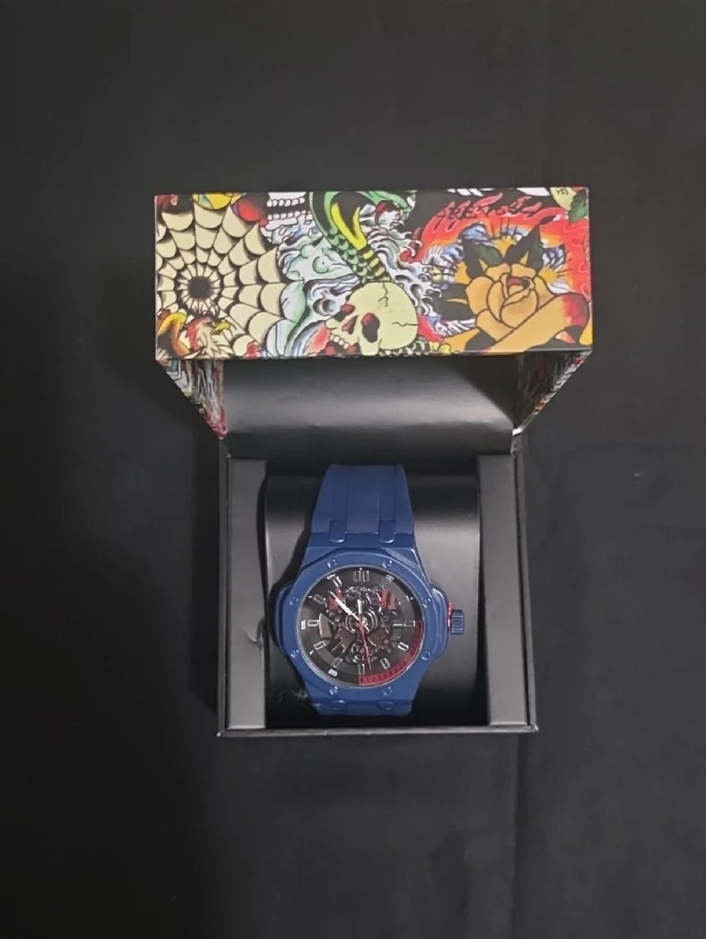 Ed Hardy Blue Men's Skeleton Sport Watch with Red Accents